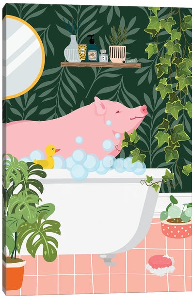 Pig Taking A Bath In Botanical Bathroom Canvas Art Print - Jania Sharipzhanova