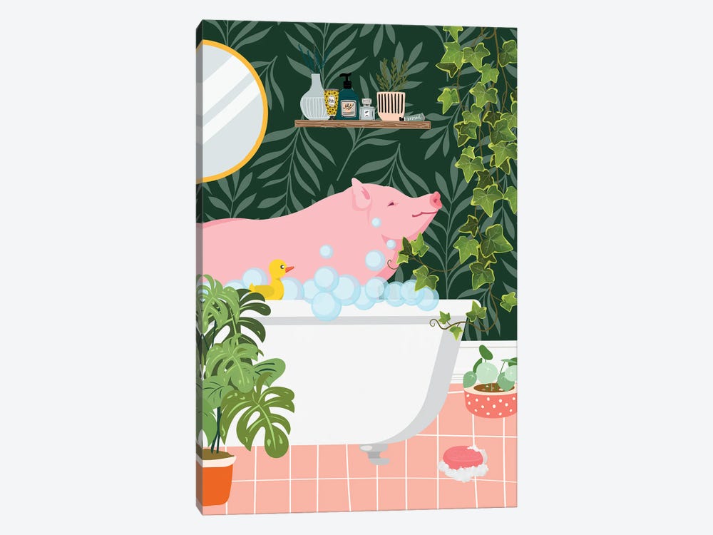 Pig Taking A Bath In Botanical Bathroom by Jania Sharipzhanova 1-piece Canvas Artwork