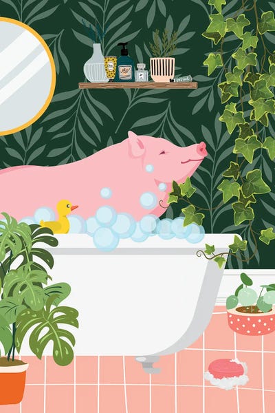 Jania Sharipzhanova: Pig Taking A Bath In Botanical Bathroom by Jania Sharipzhanova