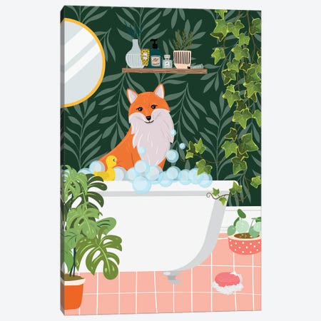 Fox Taking A Bath In Botanical Bathroom Canvas Print #SHZ658} by Jania Sharipzhanova Art Print