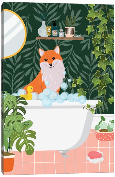 Fox Taking A Bath In Botanical Bathroom Canvas Art Print - Fox Art