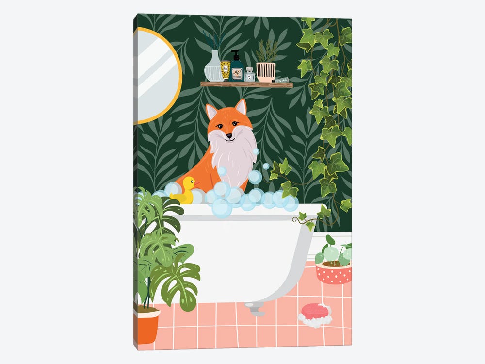 Fox Taking A Bath In Botanical Bathroom by Jania Sharipzhanova 1-piece Canvas Art Print