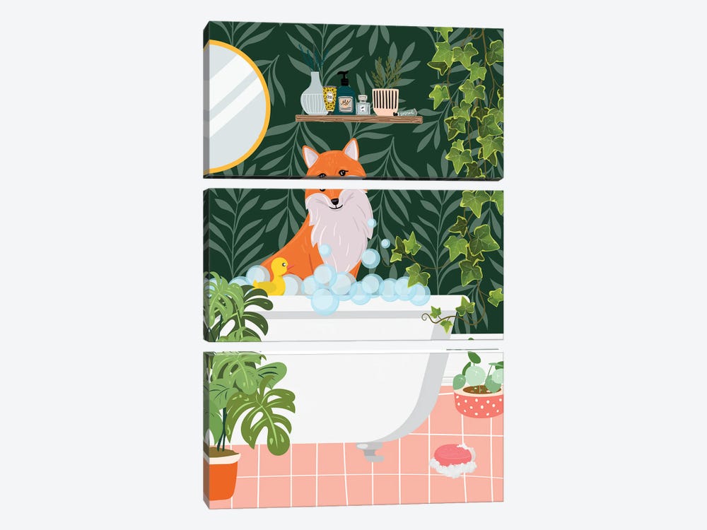 Fox Taking A Bath In Botanical Bathroom by Jania Sharipzhanova 3-piece Art Print