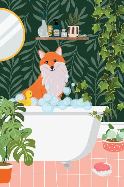 Jania Sharipzhanova: Fox Taking A Bath In Botanical Bathroom by Jania Sharipzhanova