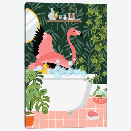 Flamingo Taking A Bath In Botanical Bathroom Canvas Print #SHZ659} by Jania Sharipzhanova Canvas Art Print
