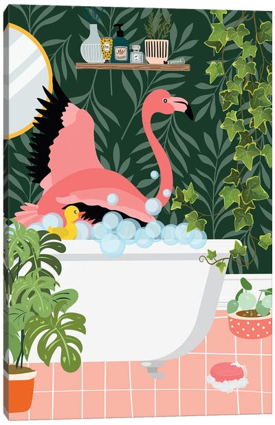 Flamingo Taking A Bath In Botanical Bathroom Canvas Art Print - Flamingo Art