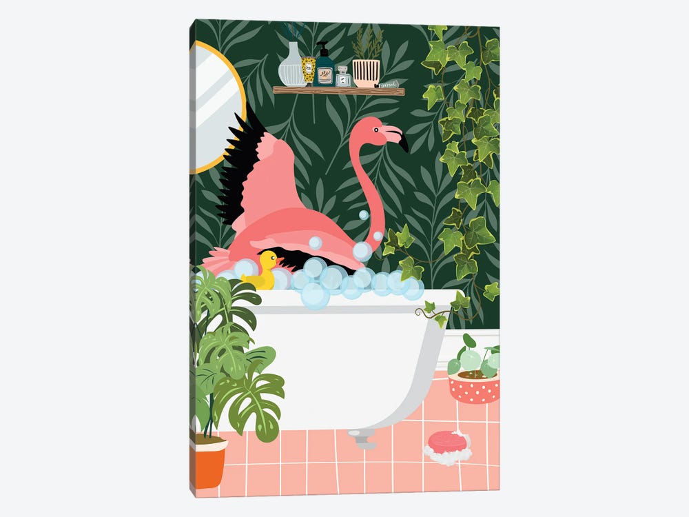 Flamingo Taking A Bath In Botanical Bathroom by Jania Sharipzhanova 1-piece Canvas Art