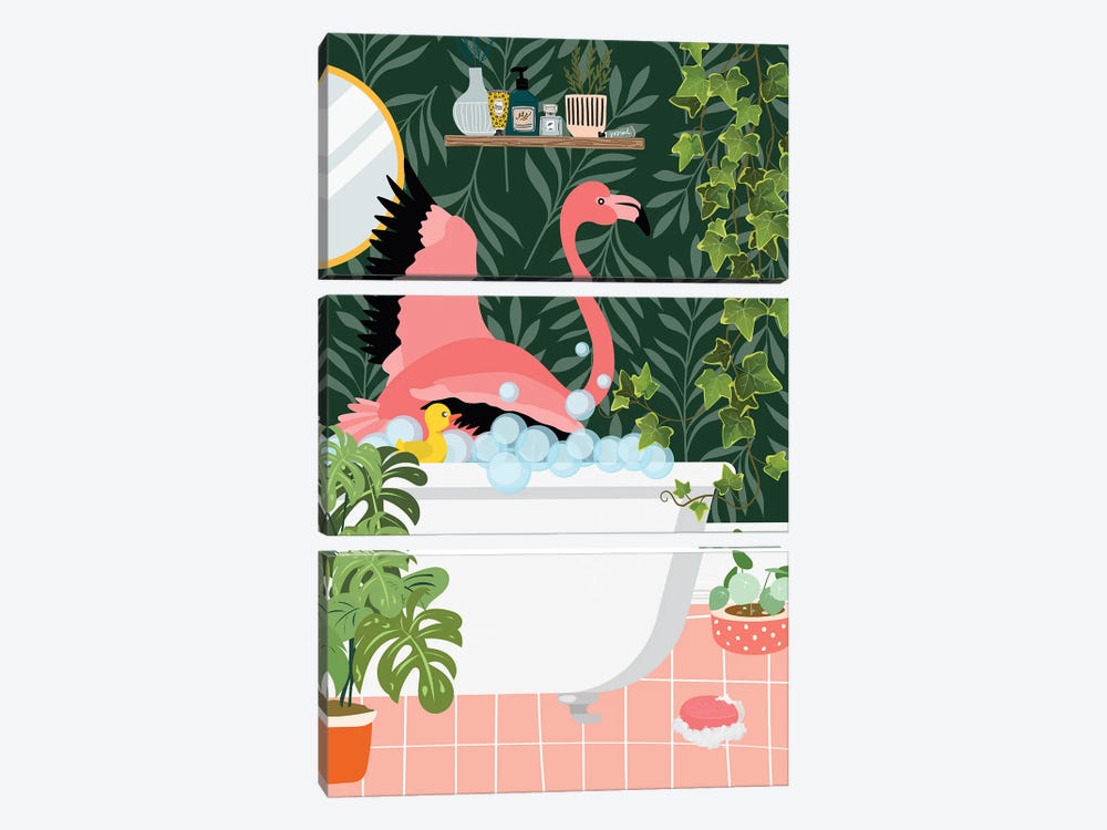 Flamingo Taking A Bath In Botanical Bathroom by Jania Sharipzhanova 3-piece Canvas Wall Art