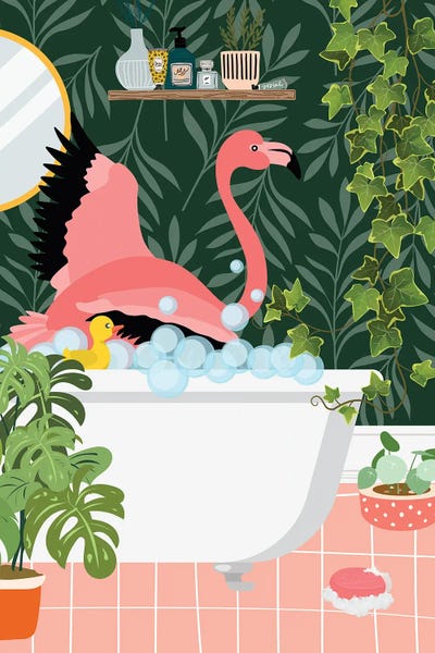 Jania Sharipzhanova: Flamingo Taking A Bath In Botanical Bathroom by Jania Sharipzhanova