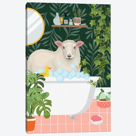Sheep Taking A Bath In Botanical Bathroom Canvas Print #SHZ660} by Jania Sharipzhanova Canvas Artwork