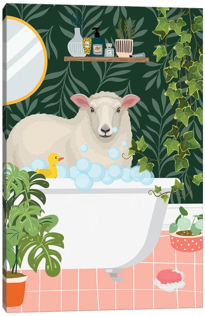 Sheep Taking A Bath In Botanical Bathroom Canvas Art Print - Jania Sharipzhanova