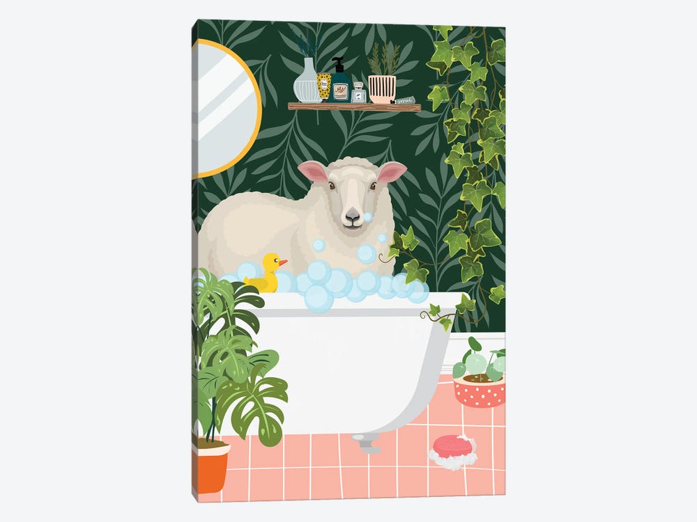 Sheep Taking A Bath In Botanical Bathroom by Jania Sharipzhanova 1-piece Canvas Artwork