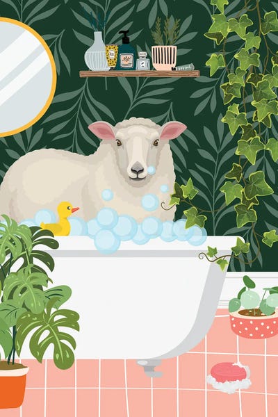 Jania Sharipzhanova: Sheep Taking A Bath In Botanical Bathroom by Jania Sharipzhanova