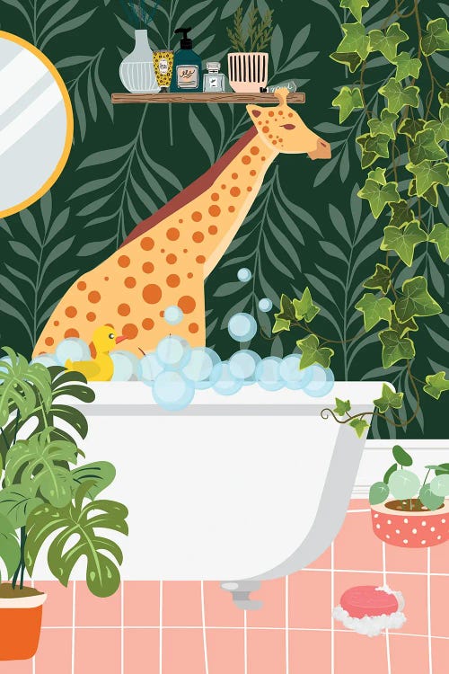 Giraffe Taking A Bath In Jungle Bathroom