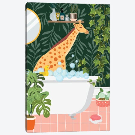 Giraffe Taking A Bath In Jungle Bathroom Canvas Print #SHZ661} by Jania Sharipzhanova Canvas Wall Art
