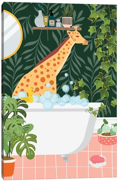Giraffe Taking A Bath In Jungle Bathroom Canvas Art Print - Jania Sharipzhanova