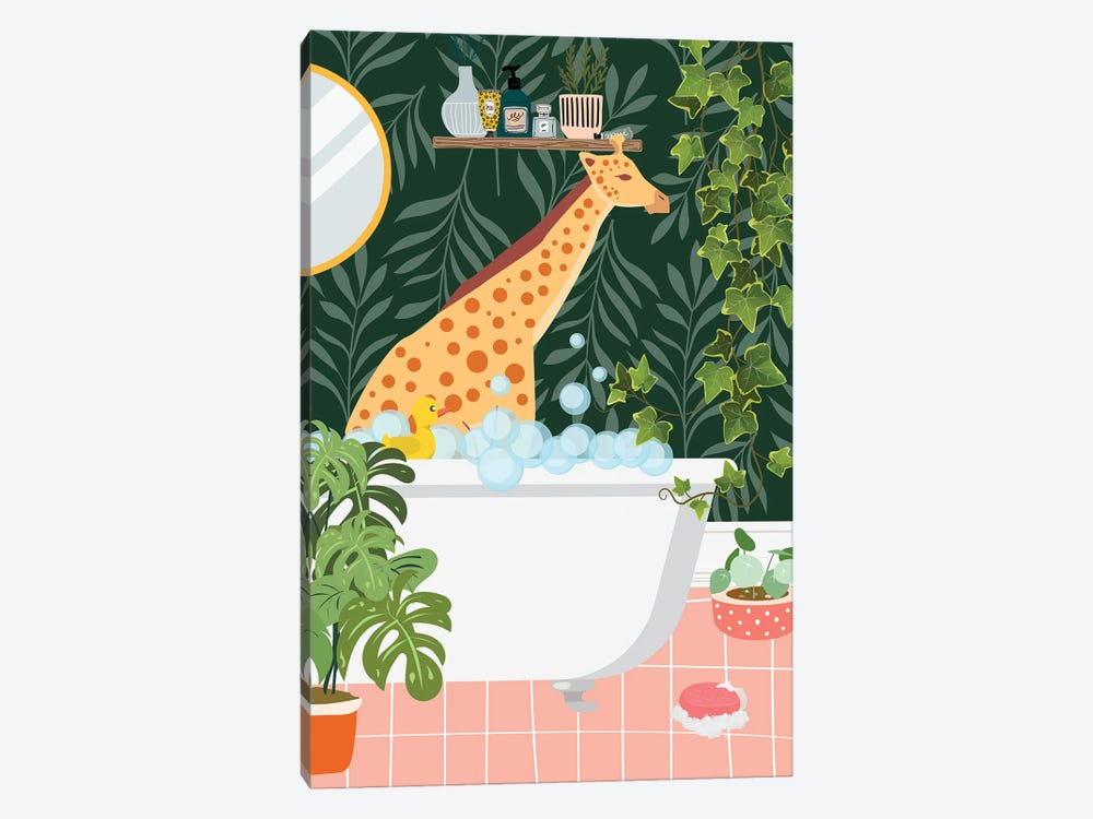 Giraffe Taking A Bath In Jungle Bathroom by Jania Sharipzhanova 1-piece Canvas Art Print