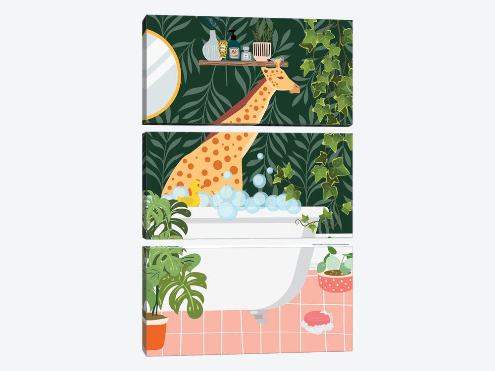 Giraffe Taking A Bath In Jungle Bathroom by Jania Sharipzhanova 3-piece Art Print