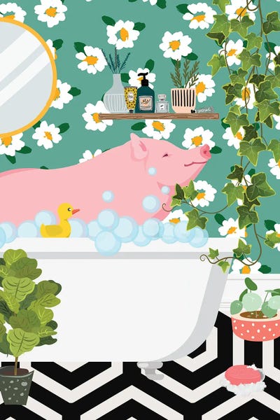Pig Taking A Bath In Jungle Bathroom by Jania Sharipzhanova art print