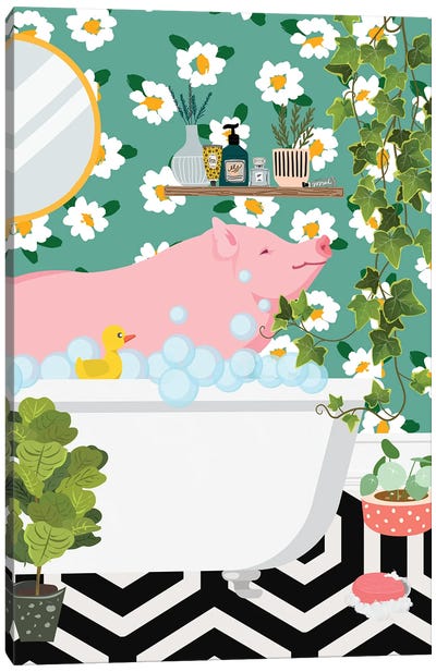 Pig Taking A Bath In Jungle Bathroom Canvas Art Print - Jania Sharipzhanova