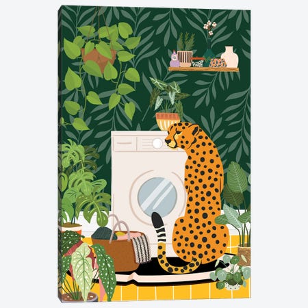 Cheetah In Botanical Laundry Room Canvas Print #SHZ666} by Jania Sharipzhanova Canvas Print
