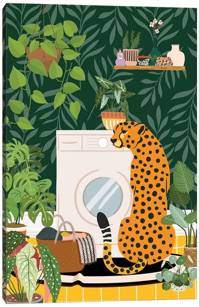 Cheetah In Botanical Laundry Room Canvas Art Print - Jania Sharipzhanova