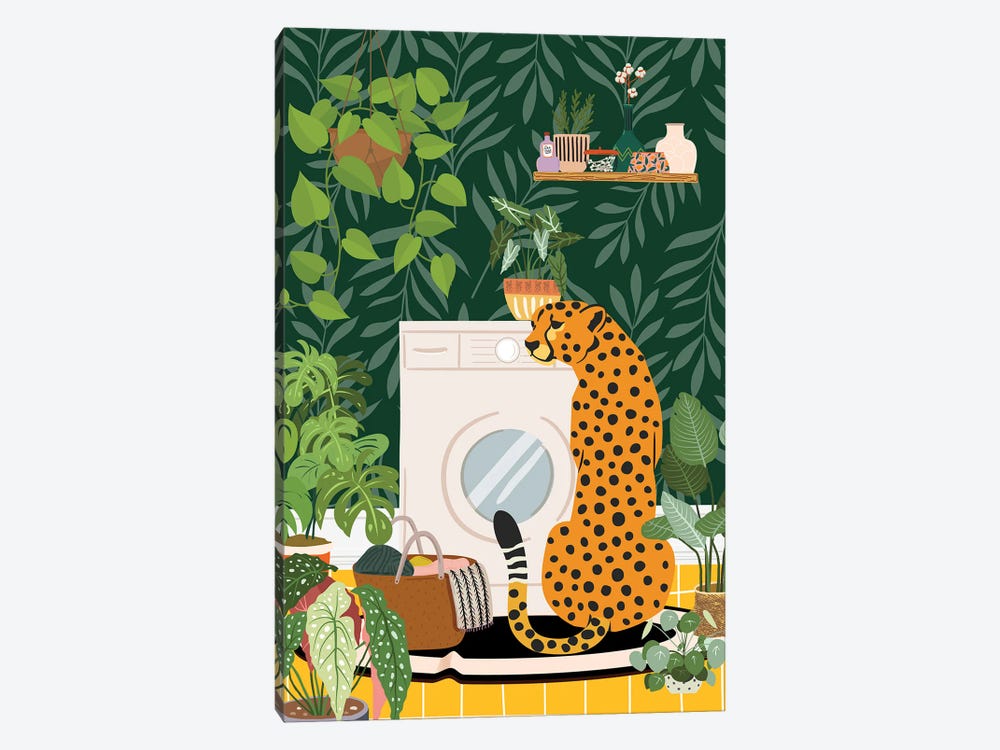 Cheetah In Botanical Laundry Room by Jania Sharipzhanova 1-piece Canvas Artwork