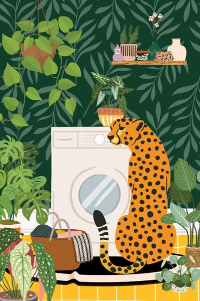 Cheetahs: Cheetah In Botanical Laundry Room by Jania Sharipzhanova