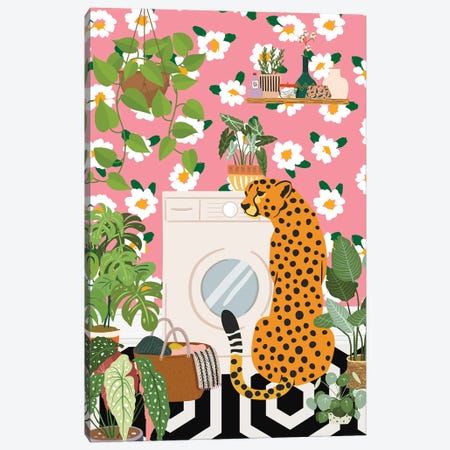 Cheetah In Pink Laundry Room Canvas Print #SHZ667} by Jania Sharipzhanova Canvas Art Print