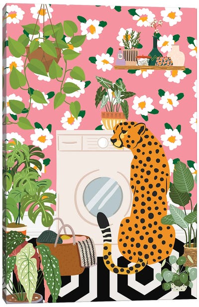 Cheetah In Pink Laundry Room Canvas Art Print - Jania Sharipzhanova
