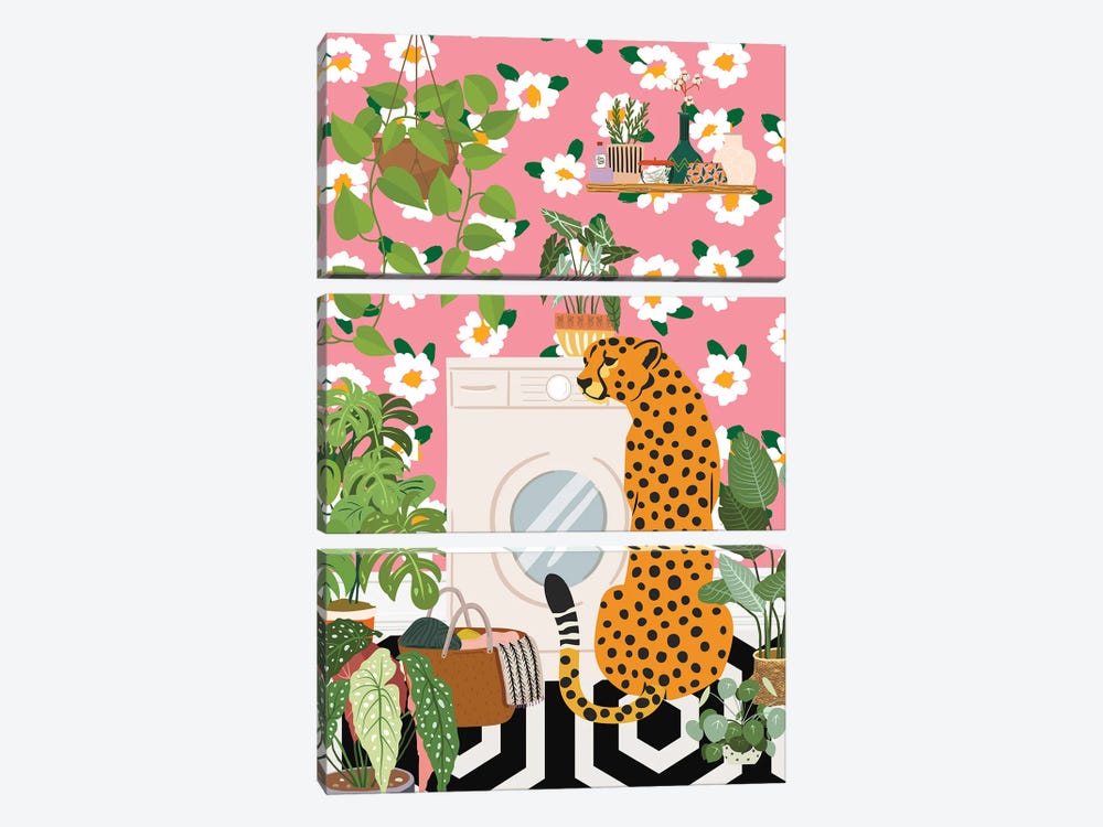 Cheetah In Pink Laundry Room by Jania Sharipzhanova 3-piece Art Print