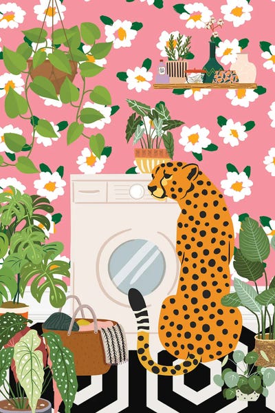 Jania Sharipzhanova: Cheetah In Pink Laundry Room by Jania Sharipzhanova