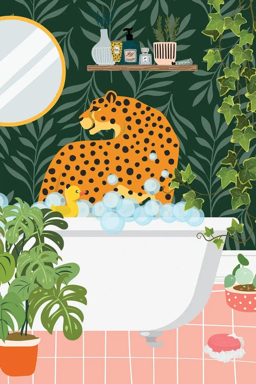 Cheetah In My Bathtub - Tropical Bathroom by Jania Sharipzhanova wall art