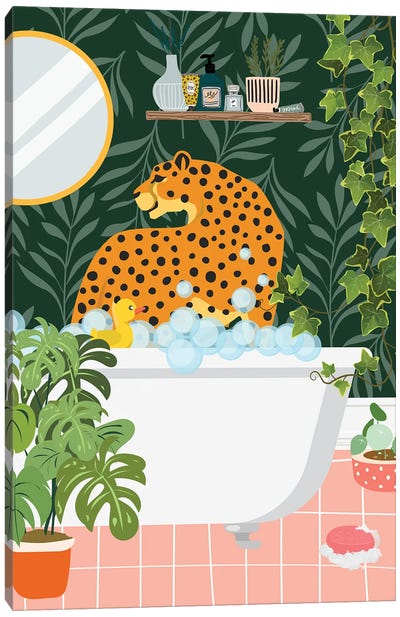 Cheetah In My Bathtub - Tropical Bathroom Canvas Art Print - Jania Sharipzhanova