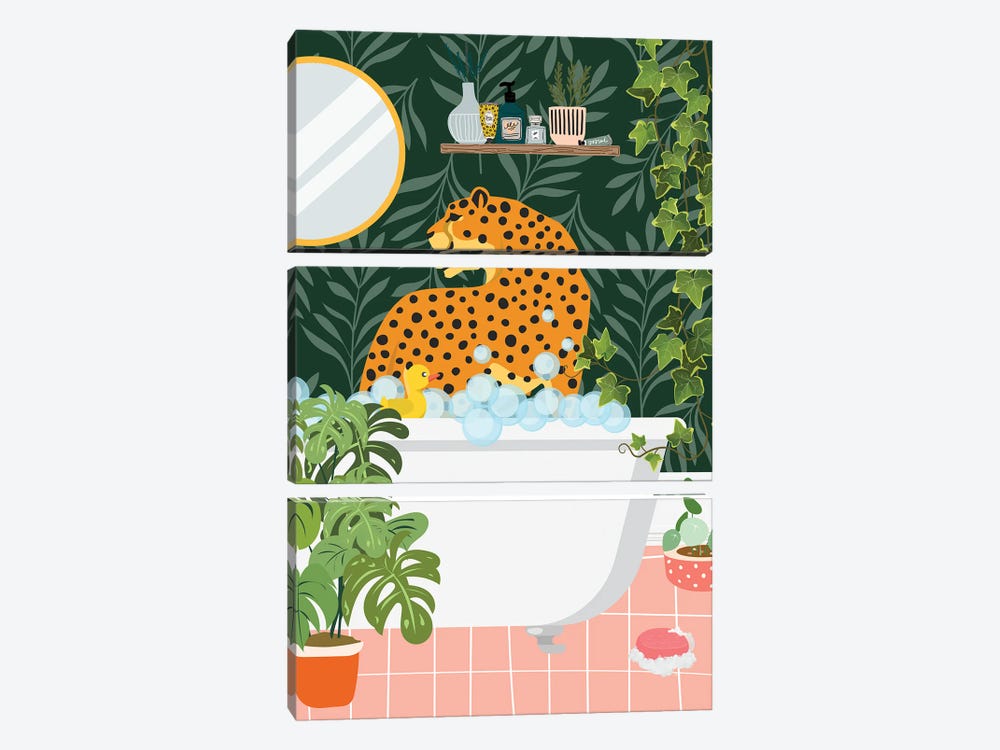 Cheetah In My Bathtub - Tropical Bathroom by Jania Sharipzhanova 3-piece Canvas Art