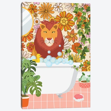 Lion Taking A Bath In Groovy Bathroom Canvas Print #SHZ669} by Jania Sharipzhanova Canvas Wall Art