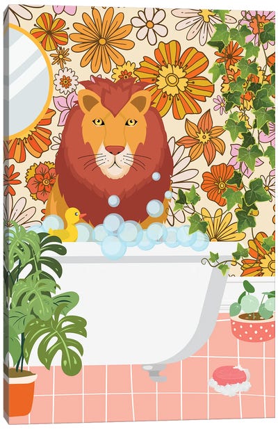 Lion Taking A Bath In Groovy Bathroom Canvas Art Print - Jania Sharipzhanova