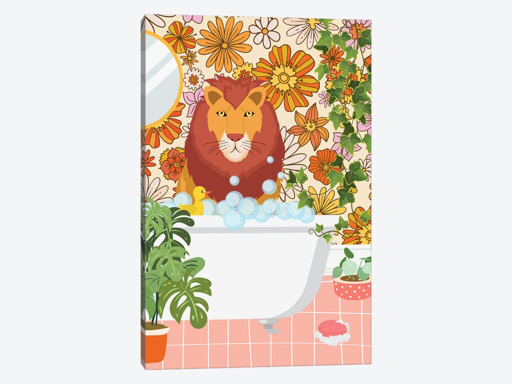 Lion Taking A Bath In Groovy Bathroom by Jania Sharipzhanova 1-piece Art Print