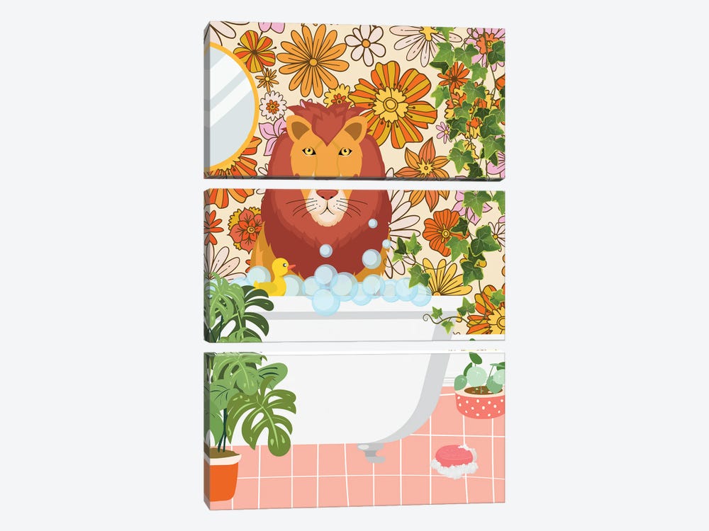 Lion Taking A Bath In Groovy Bathroom by Jania Sharipzhanova 3-piece Art Print