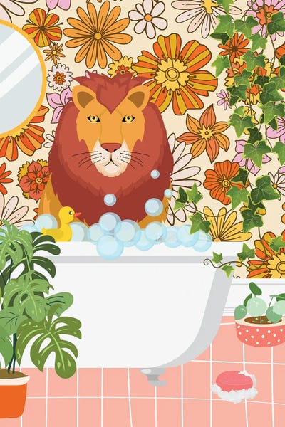 '70s Aesthetic: Lion Taking A Bath In Groovy Bathroom by Jania Sharipzhanova