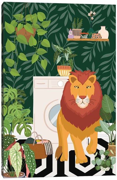 Lion In Botanical Laundry Room Canvas Art Print - Jania Sharipzhanova