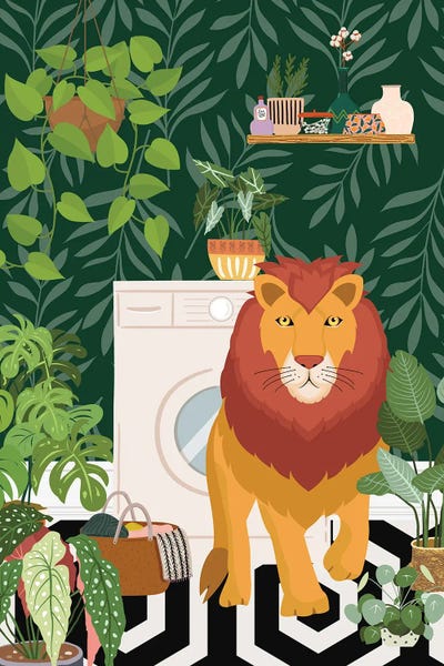 Lions: Lion In Botanical Laundry Room by Jania Sharipzhanova