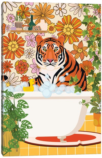Tiger Taking A Bath In Groovy Bathroom Canvas Art Print - Jania Sharipzhanova