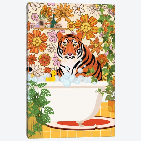 Tiger Taking A Bath In Groovy Bathroom Canvas Print #SHZ671} by Jania Sharipzhanova Canvas Art Print