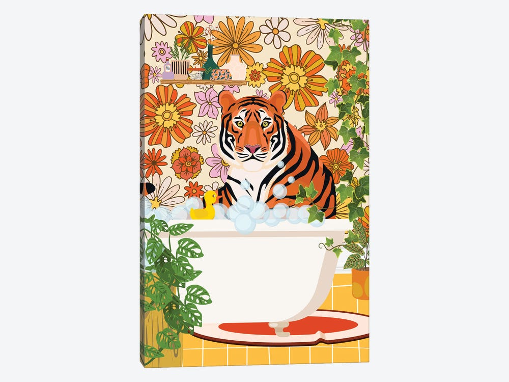 Tiger Taking A Bath In Groovy Bathroom by Jania Sharipzhanova 1-piece Canvas Art