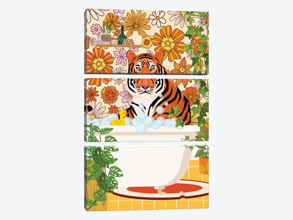 Tiger Taking A Bath In Groovy Bathroom by Jania Sharipzhanova 3-piece Canvas Wall Art