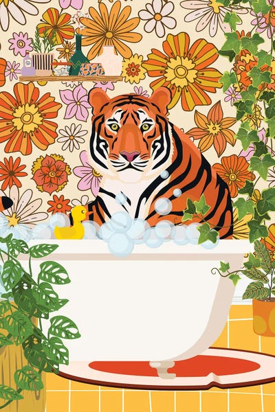'70s Aesthetic: Tiger Taking A Bath In Groovy Bathroom by Jania Sharipzhanova