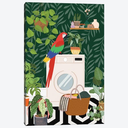 Parrot In Boho Laundry Room Canvas Print #SHZ672} by Jania Sharipzhanova Canvas Print