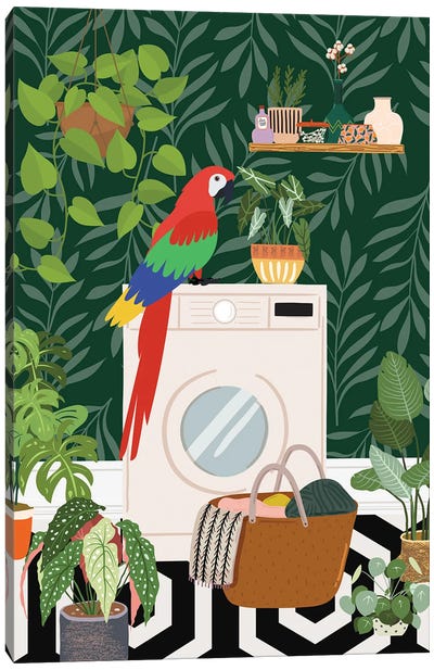 Parrot In Boho Laundry Room Canvas Art Print - Jania Sharipzhanova