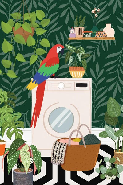 Jania Sharipzhanova: Parrot In Boho Laundry Room by Jania Sharipzhanova